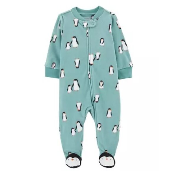Baby Boys Girls Carter's Teal Penguin  Fleece Blanket Sleeper Size NB 3 Mo NWT - Picture 1 of 3